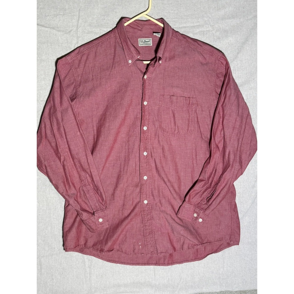 Vintage LL Bean Mens Large Red Chambray Oxford Button Down Shirt Hong Kong